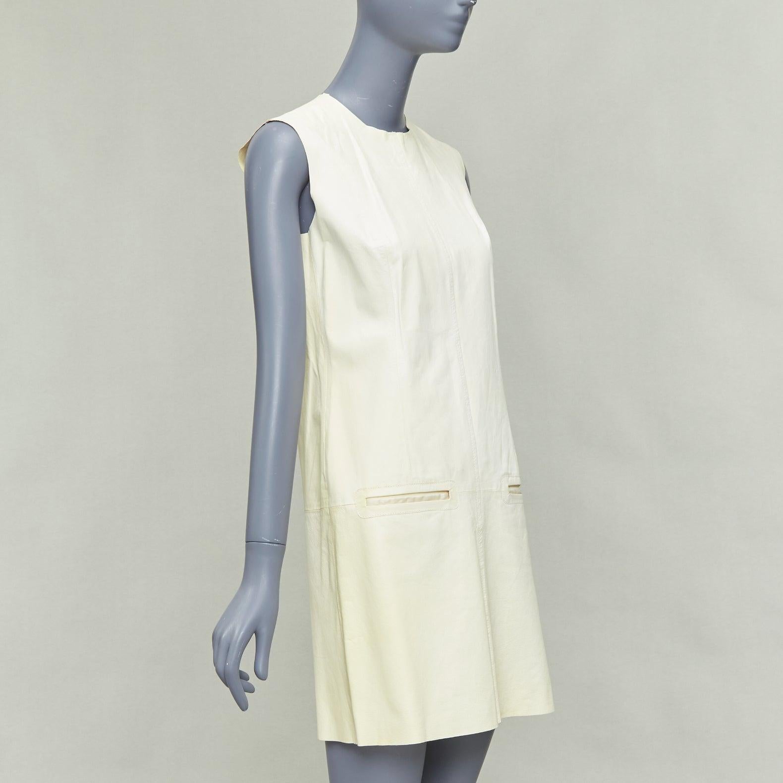 Beige OLD CELINE Phoebe Philo cream kangaroo leather pocketed shift dress FR36 S For Sale