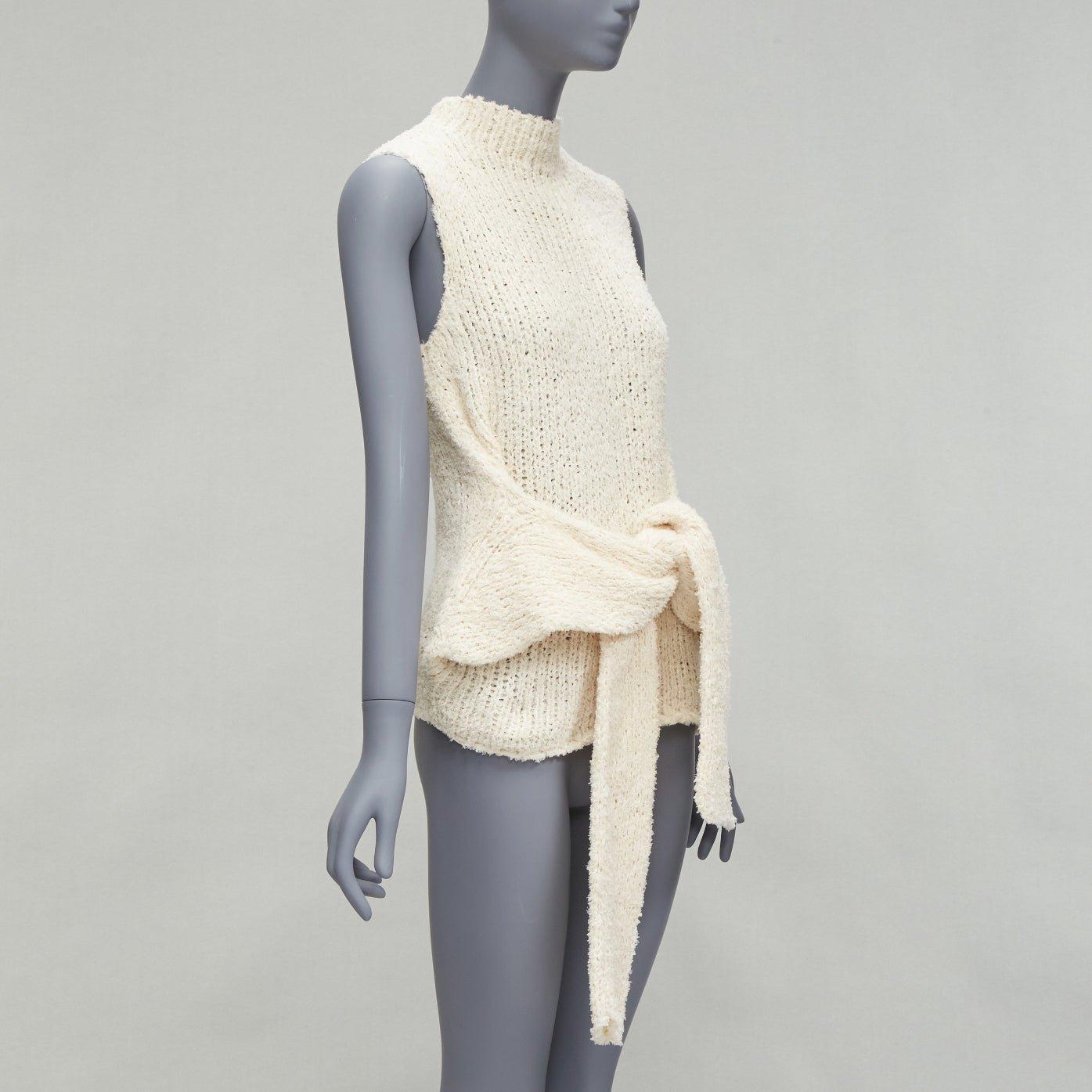 OLD CELINE Phoebe Philo cream raw cotton knit tie front sleeves sweater vest M In Excellent Condition In Hong Kong, NT