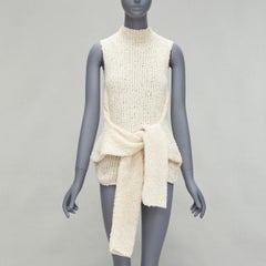 OLD CELINE Phoebe Philo cream raw cotton knit tie front sleeves sweater vest M