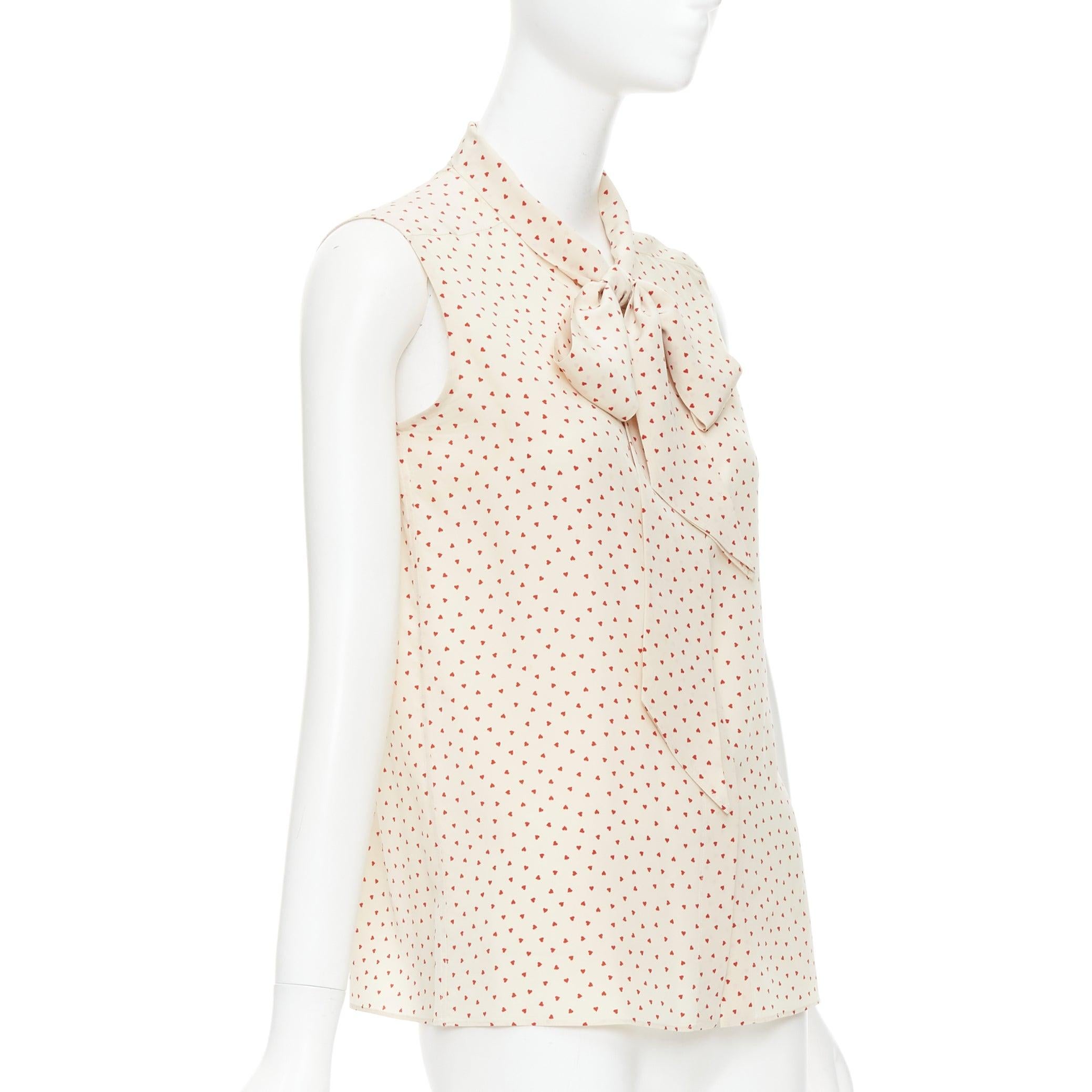 White OLD CELINE Phoebe Philo cream red micro heart pussy bow neck tie blouse FR36 S For Sale