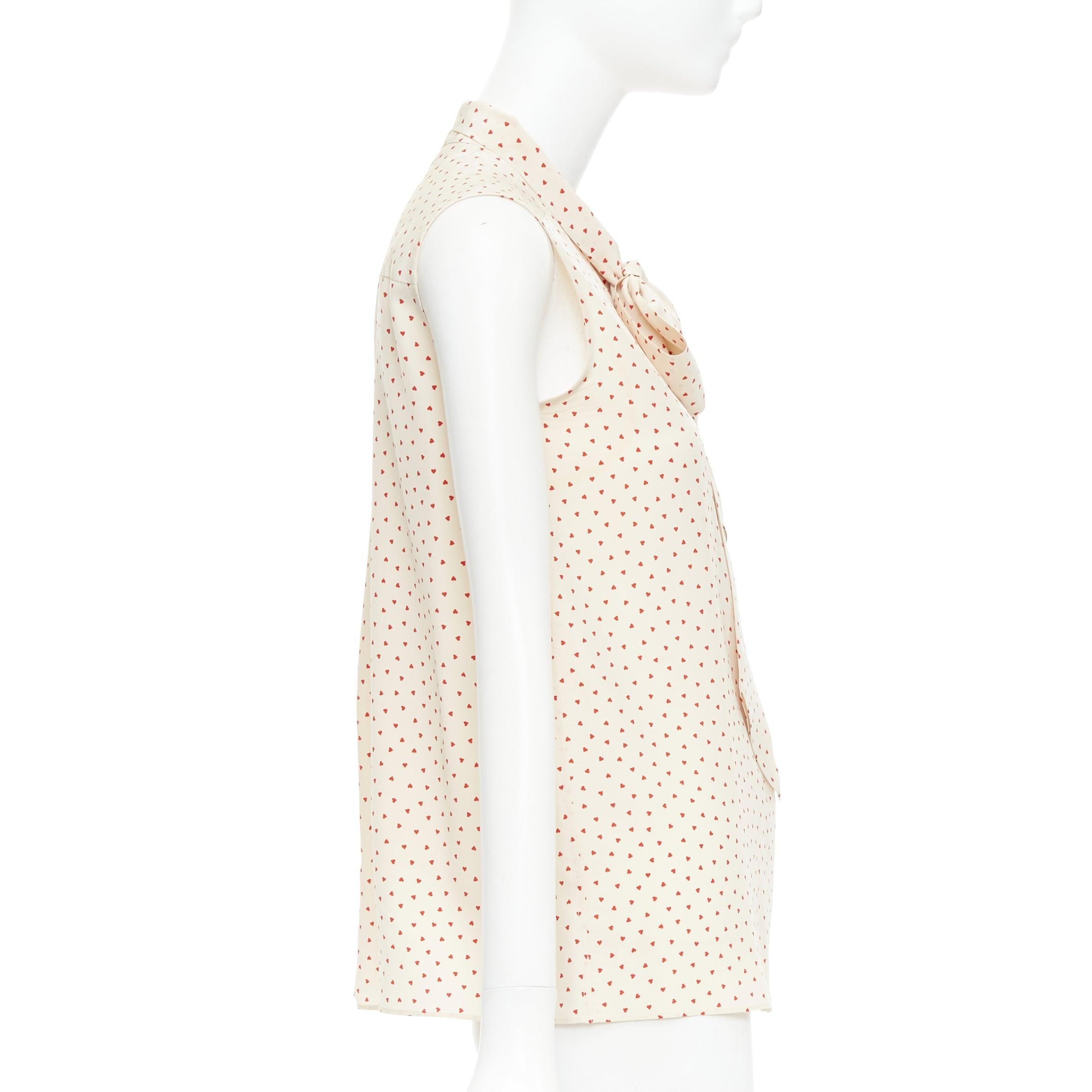 OLD CELINE Phoebe Philo cream red micro heart pussy bow neck tie blouse FR36 S In Good Condition For Sale In Hong Kong, NT