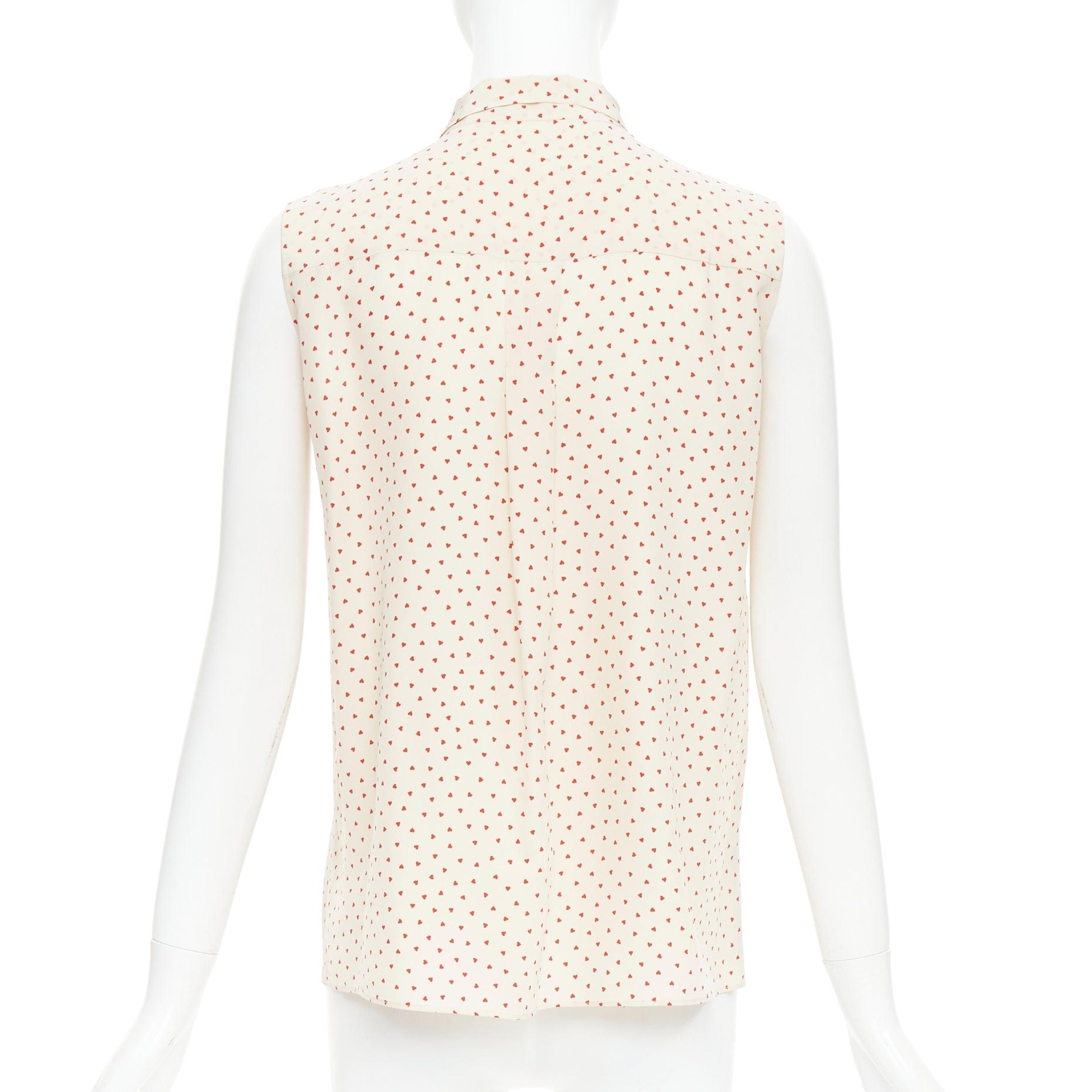 Women's OLD CELINE Phoebe Philo cream red micro heart pussy bow neck tie blouse FR36 S For Sale