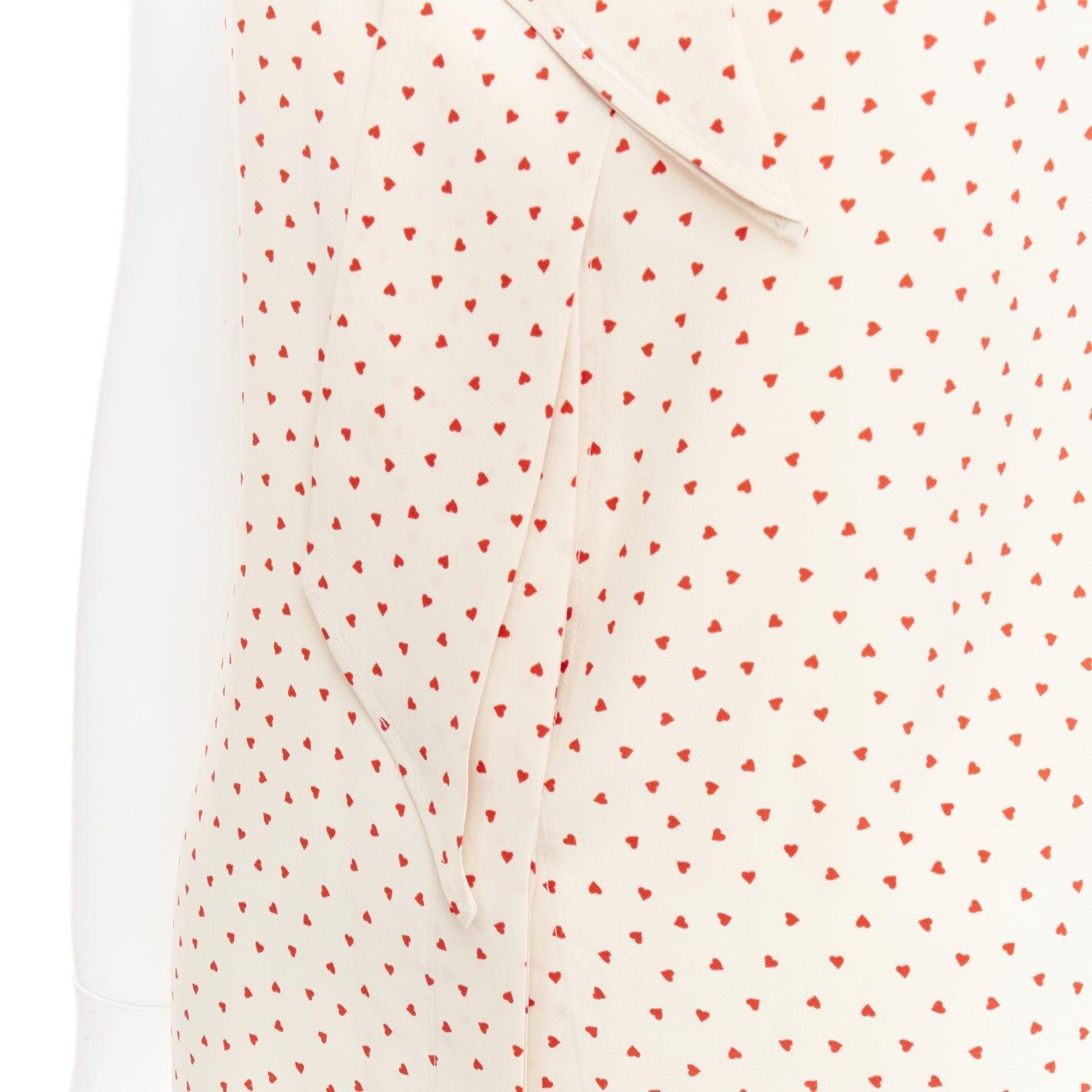 OLD CELINE Phoebe Philo cream red micro heart pussy bow neck tie blouse FR36 S For Sale 2