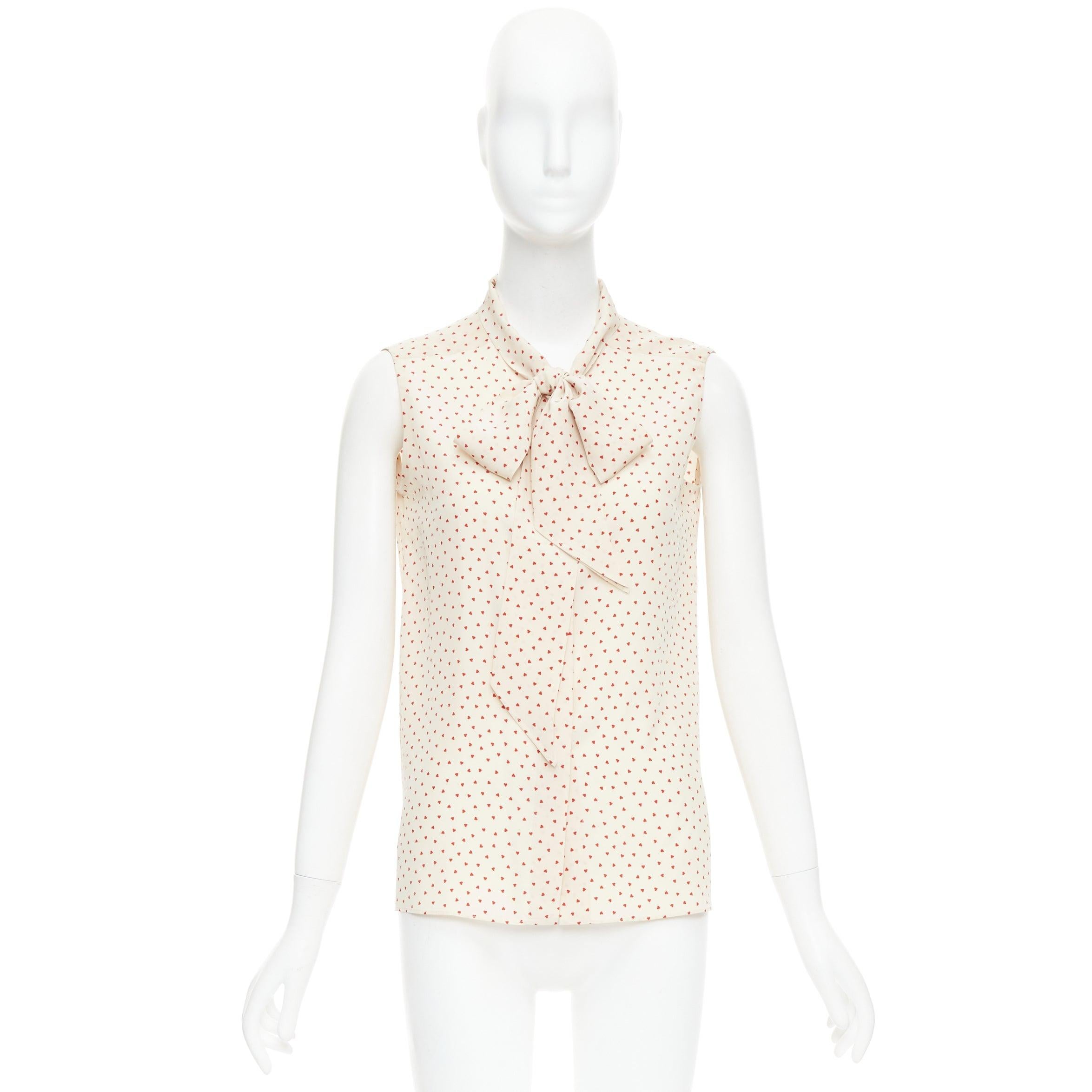 OLD CELINE Phoebe Philo cream red micro heart pussy bow neck tie blouse FR36 S For Sale 4