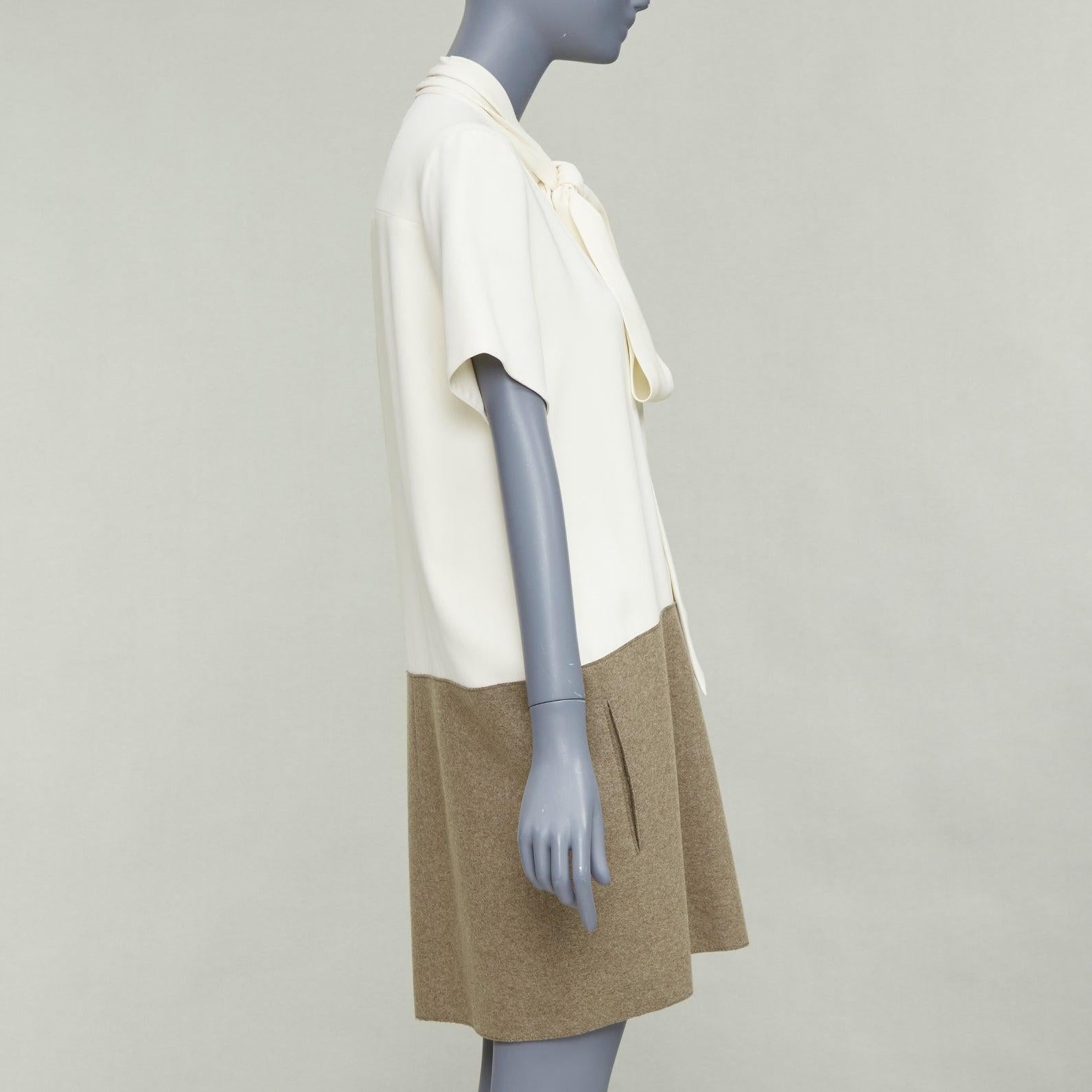 OLD CELINE Phoebe Philo cremefarbenes taupefarbenes Hemdkleid aus Seidenwollfilz mit tiefer Taille FR38 M im Zustand „Gut“ im Angebot in Hong Kong, NT