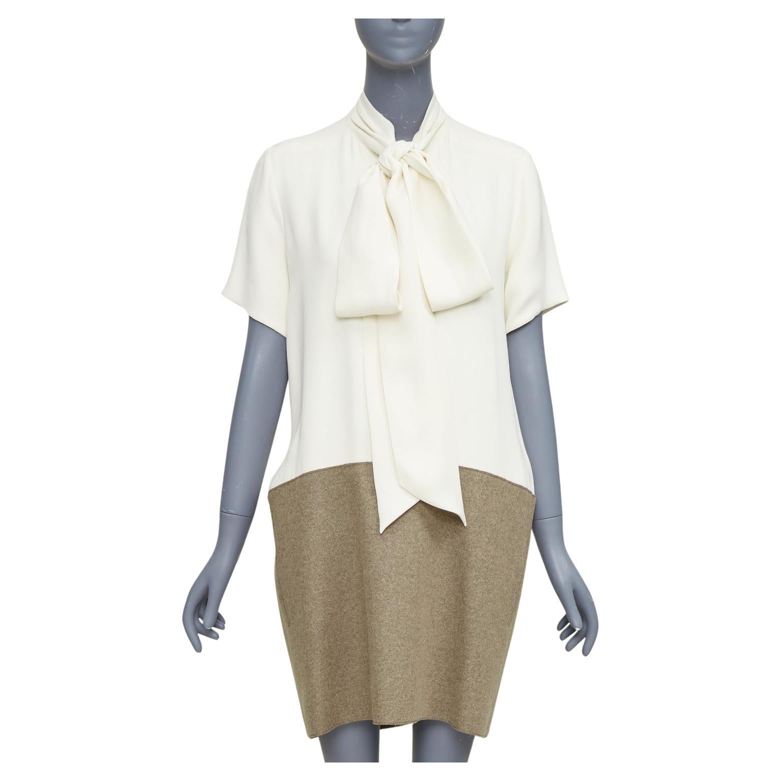 OLD CELINE Phoebe Philo cremefarbenes taupefarbenes Hemdkleid aus Seidenwollfilz mit tiefer Taille FR38 M im Angebot