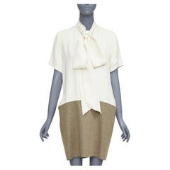 OLD CELINE Phoebe Philo cream taupe silk wool felt drop waist shirt dress FR38 M
