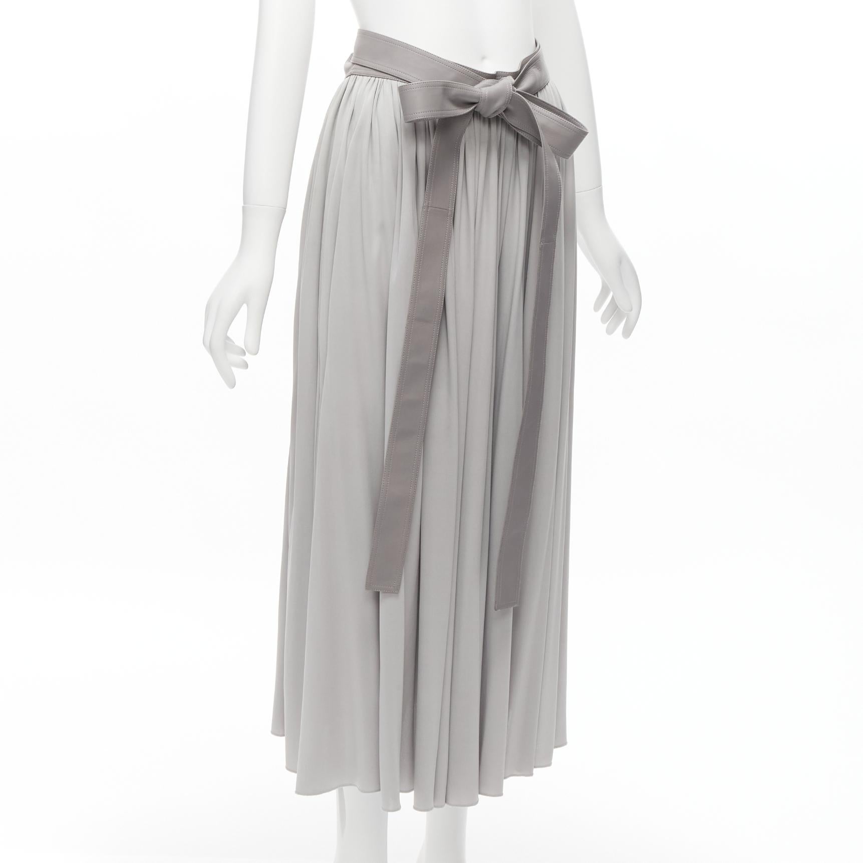 OLD CELINE Phoebe Philo grey lambskin leather tie belt pleated midi skirt FR38 M In Excellent Condition In Hong Kong, NT