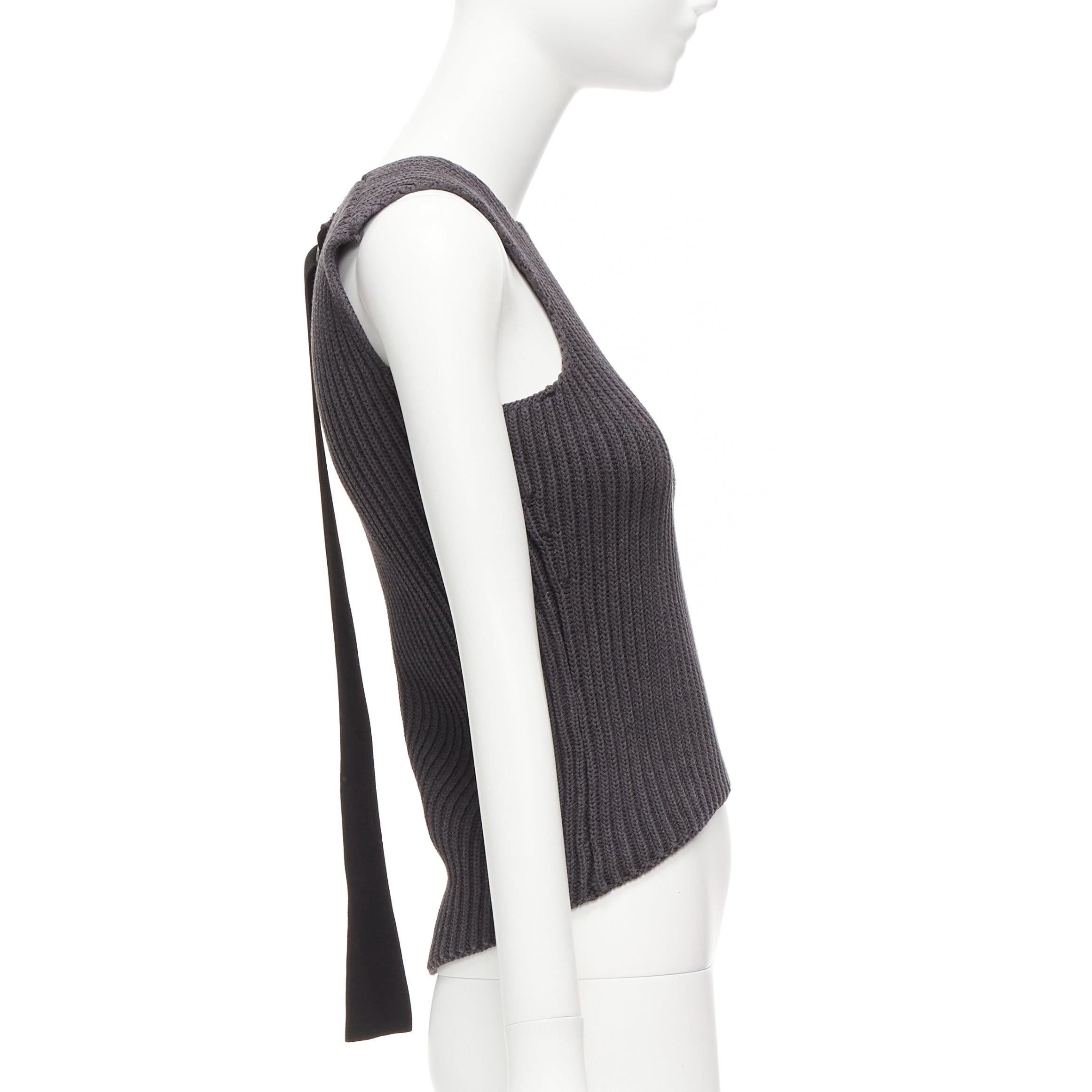 Women's OLD CELINE Phoebe Philo grey ribbed black ribbon cut in shoulder vest S For Sale