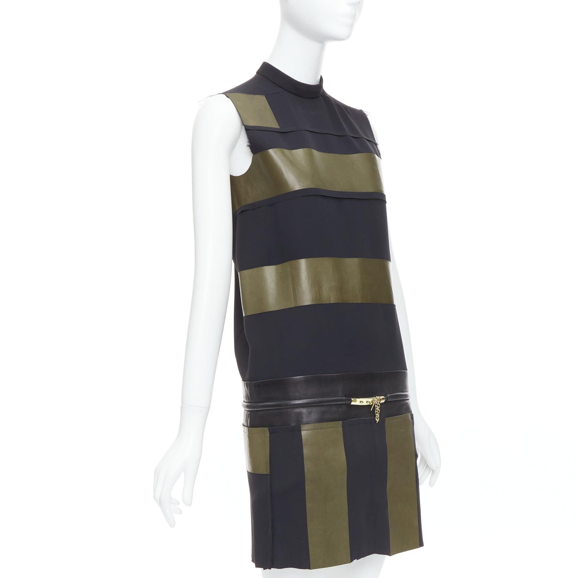 Black OLD CELINE Phoebe Philo khaki black leather silk stripe dress FR36 S For Sale
