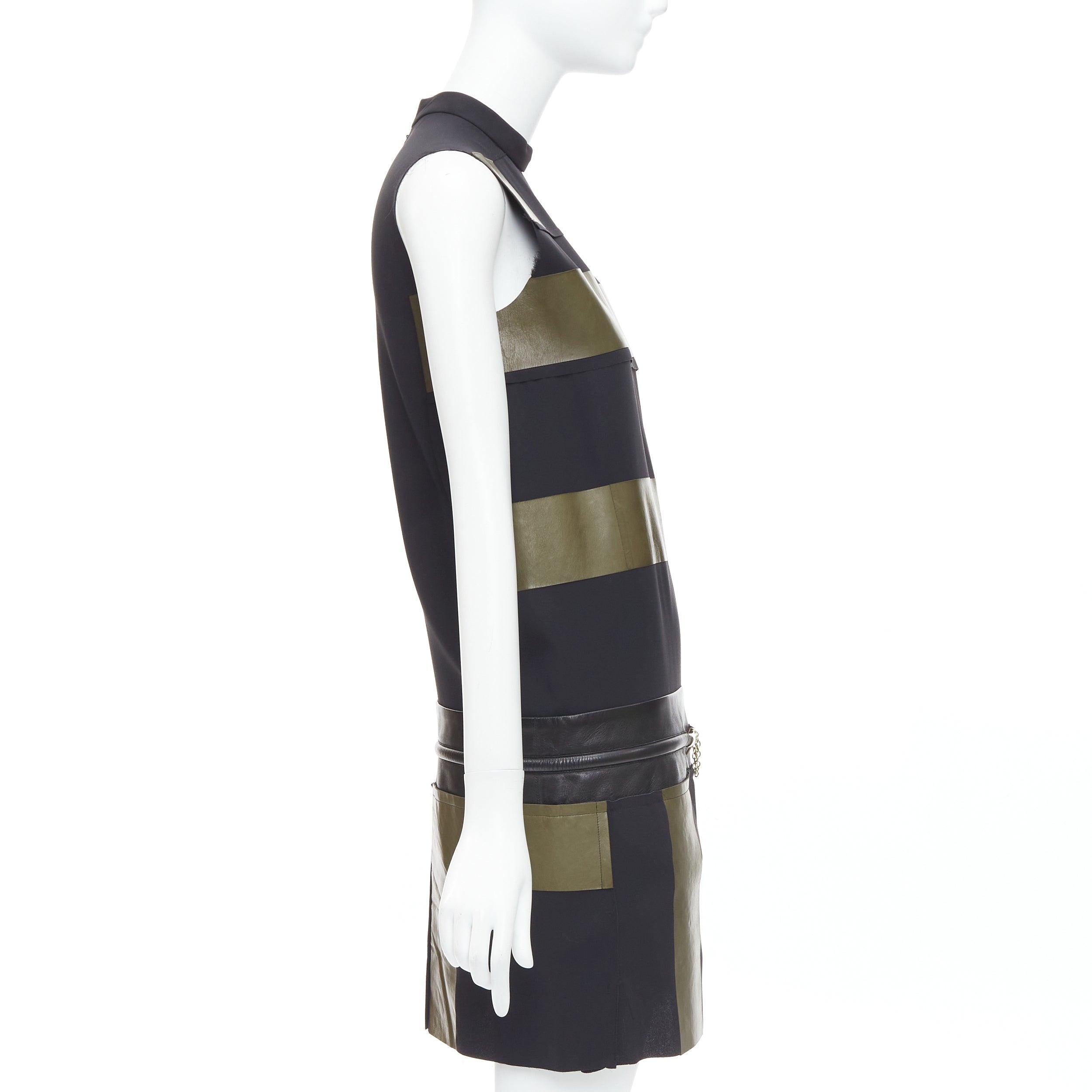 OLD CELINE Phoebe Philo khaki black leather silk stripe dress FR36 S In Excellent Condition For Sale In Hong Kong, NT