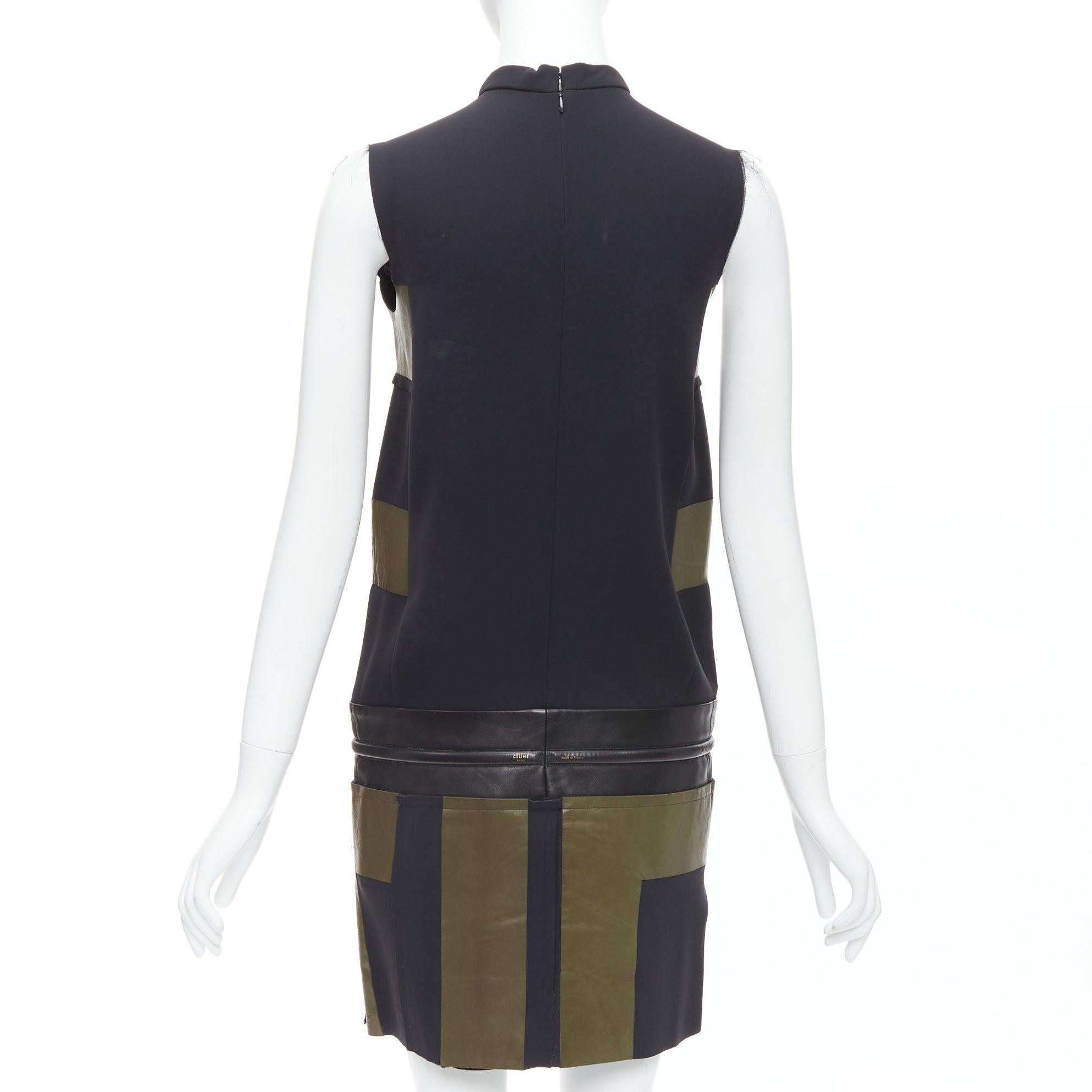 Women's OLD CELINE Phoebe Philo khaki black leather silk stripe dress FR36 S For Sale