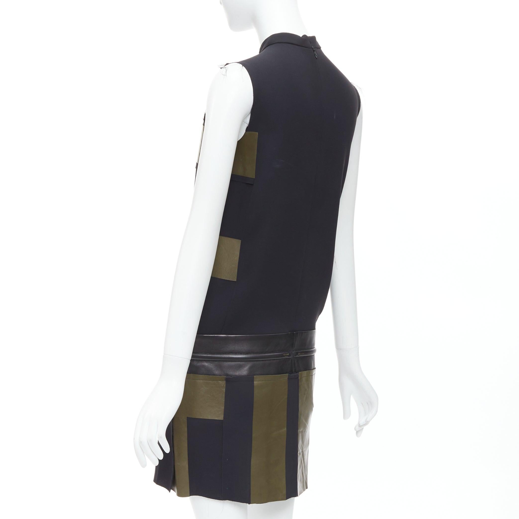 OLD CELINE Phoebe Philo khaki black leather silk stripe dress FR36 S For Sale 1