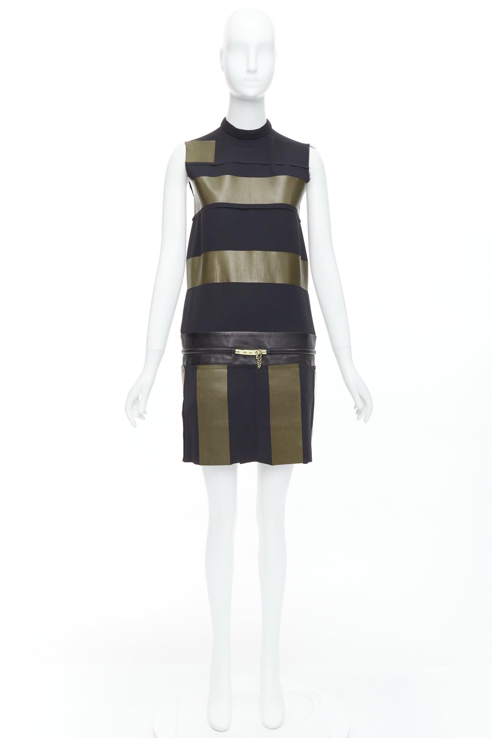 OLD CELINE Phoebe Philo khaki black leather silk stripe dress FR36 S For Sale 4
