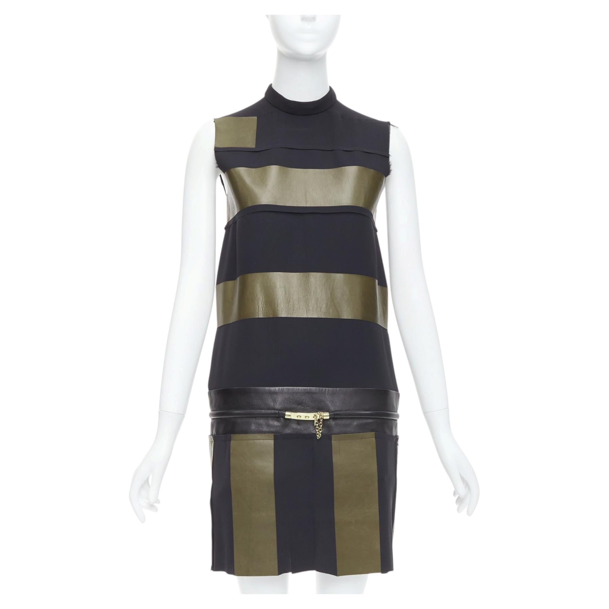 Pre-owned Phoebe Philo Old Celine  Khaki Black Leather Silk Stripe Dress Fr36 S