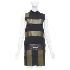 OLD CELINE Phoebe Philo khaki black leather silk stripe dress FR36 S