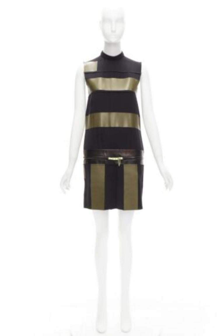 OLD CELINE Phoebe Philo khaki leather black panel gold belt dress FR36 S For Sale 5