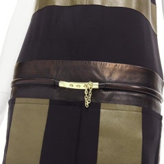 OLD CELINE Phoebe Philo khaki leather black panel gold belt dress FR36 S