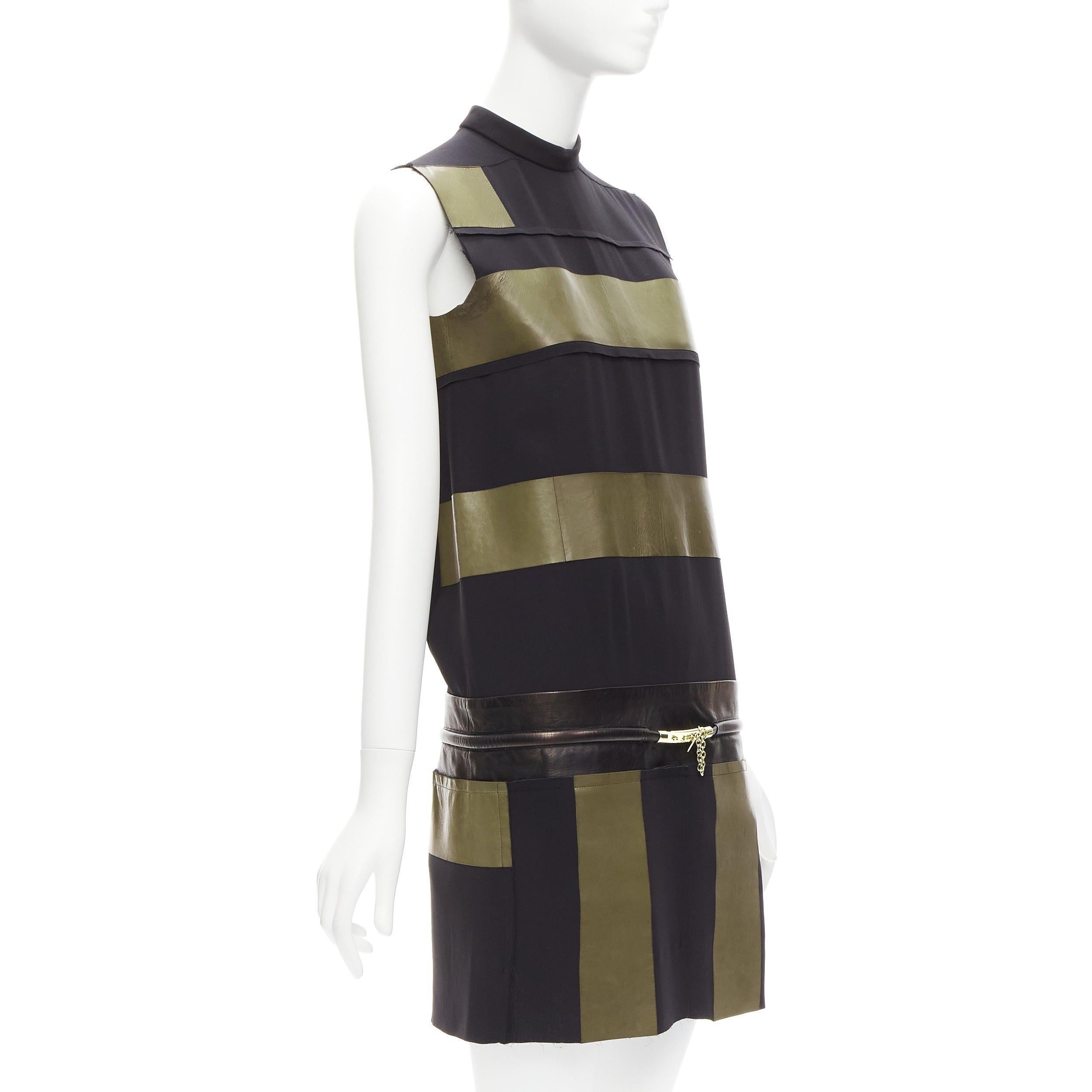 OLD CELINE Phoebe Philo khaki leather black panel gold belt dress FR36 S In Fair Condition For Sale In Hong Kong, NT