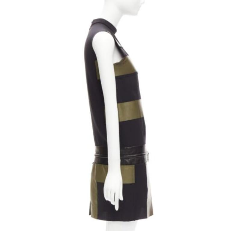 OLD CELINE Phoebe Philo khaki leather black panel gold belt dress FR36 S In Fair Condition For Sale In Hong Kong, NT