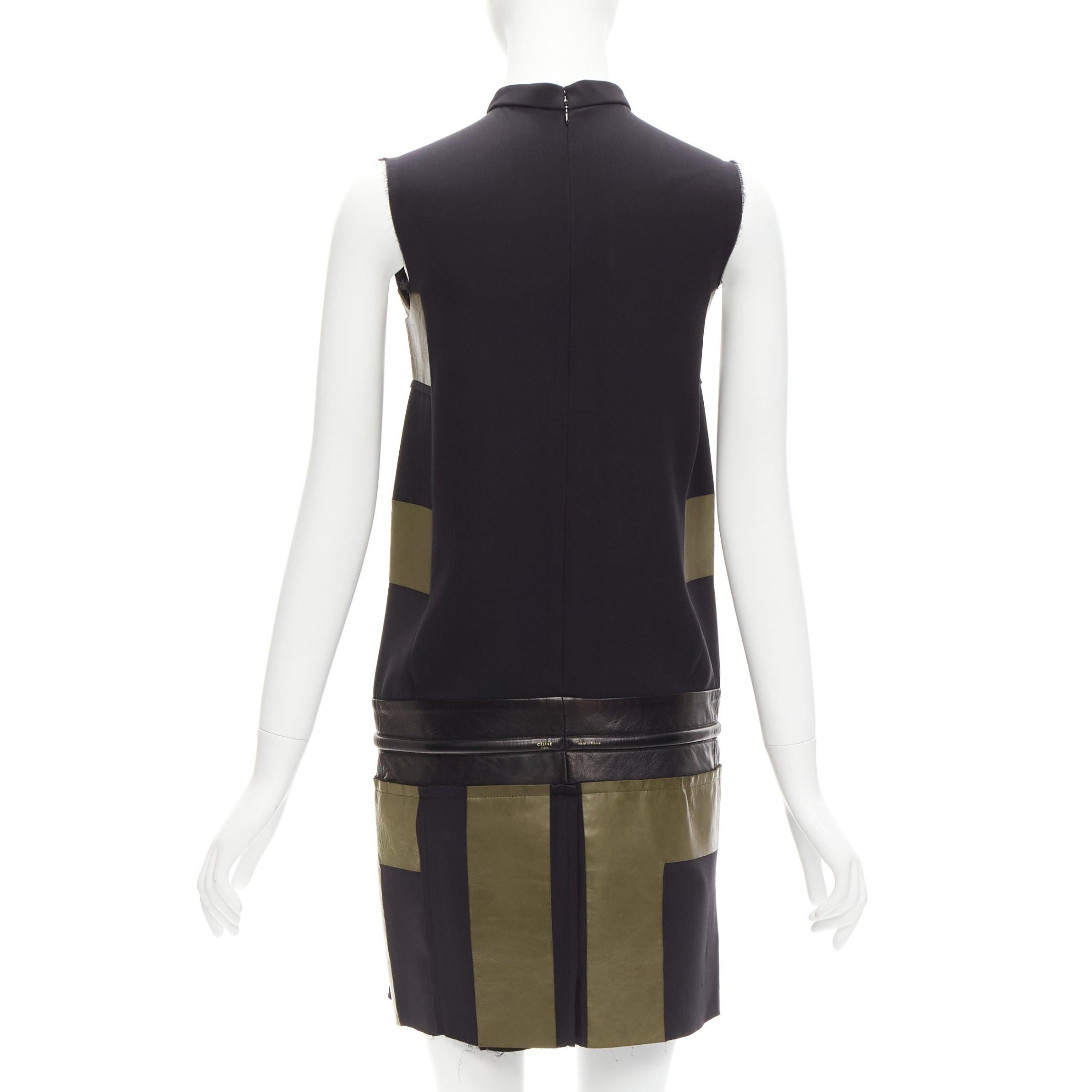 OLD CELINE Phoebe Philo khaki leather black panel gold belt dress FR36 S For Sale 1