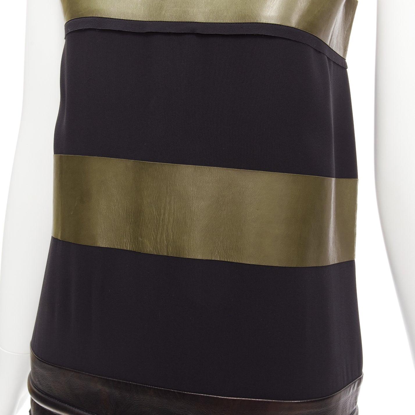 OLD CELINE Phoebe Philo khaki leather black panel gold belt dress FR36 S For Sale 3