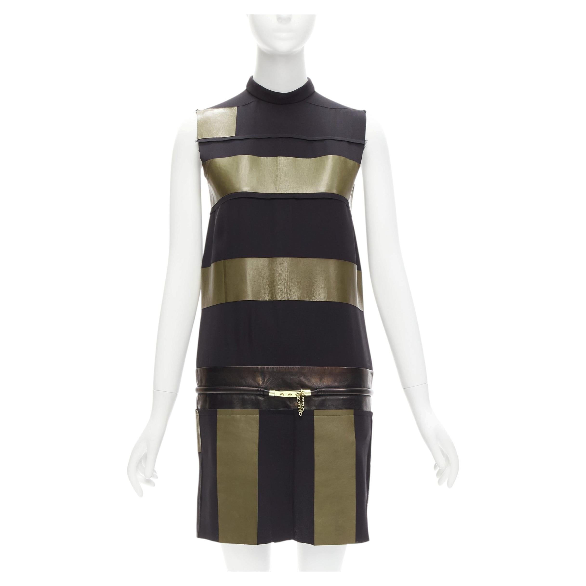 OLD CELINE Vestido Phoebe Philo de piel caqui con paneles negros y cinturón dorado FR36 S en venta