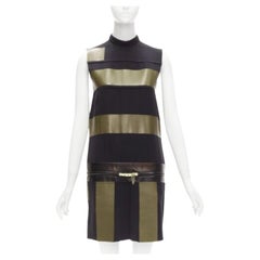 VECCHIO Celine Phoebe Philo vestito in pelle cachi con cintura dorata FR36 S