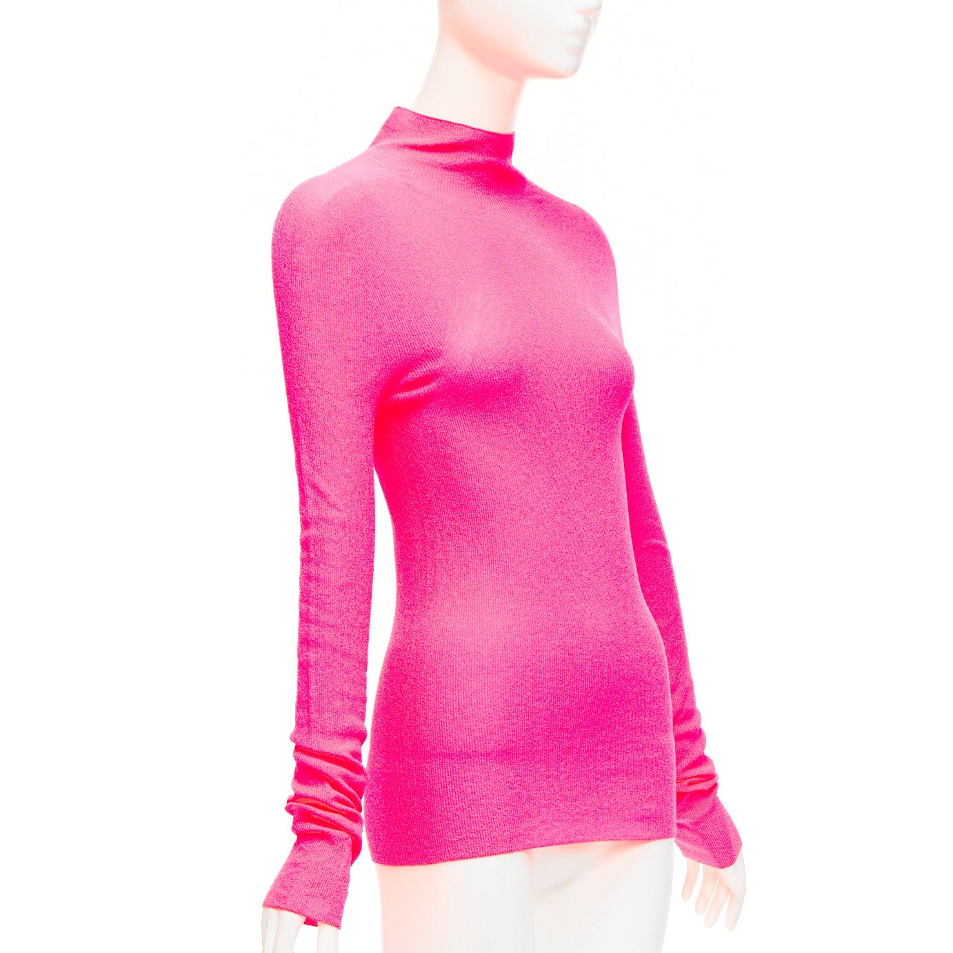 OLD CELINE Phoebe Philo neon pink polyamide minimal long sleeve top S In Excellent Condition For Sale In Hong Kong, NT
