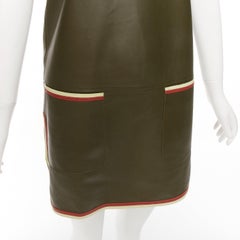 OLD CELINE Phoebe Philo olive green leather red cream trim mod dress FR38 M
