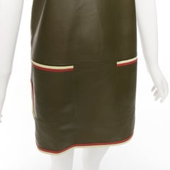 OLD CELINE Phoebe Philo olive green leather red cream trim mod dress FR38 M