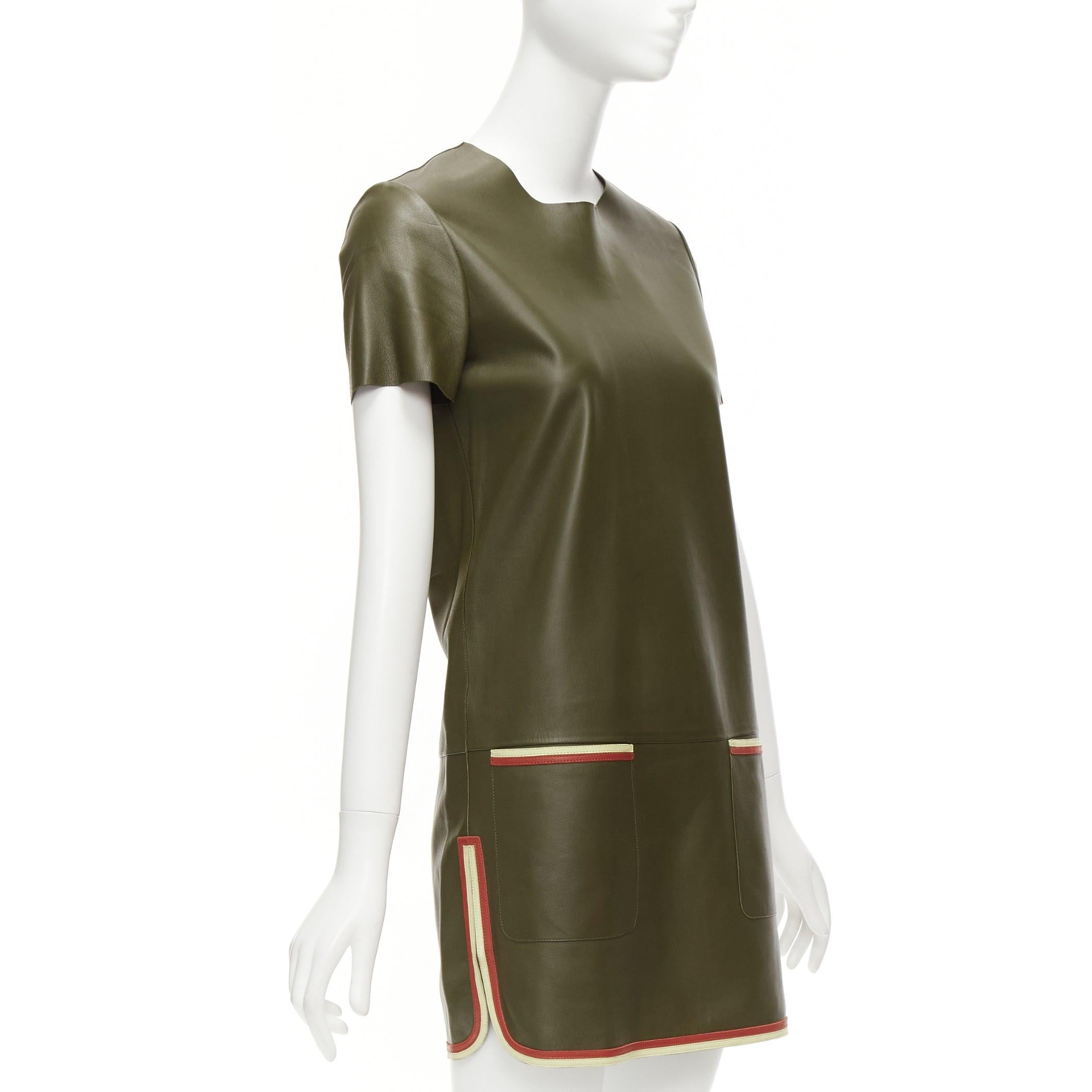 OLD CELINE Phoebe Philo olive green leather red cream trim mod dress FR38 M In Excellent Condition For Sale In Hong Kong, NT