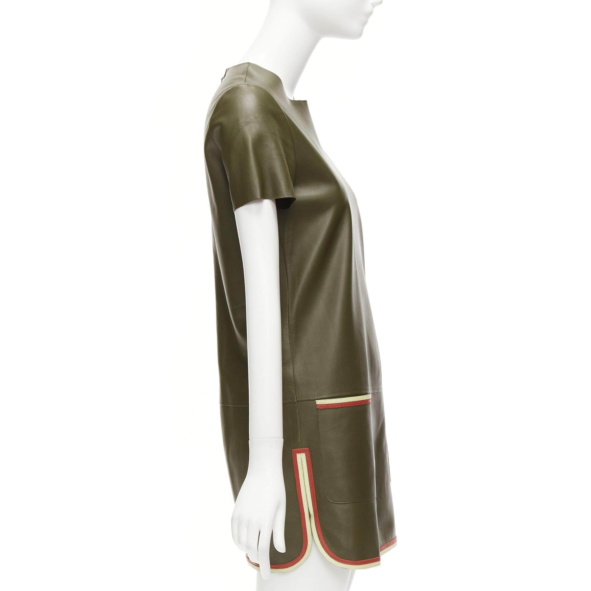OLD CELINE Phoebe Philo olive green leather red cream trim mod dress FR38 M In Excellent Condition For Sale In Hong Kong, NT