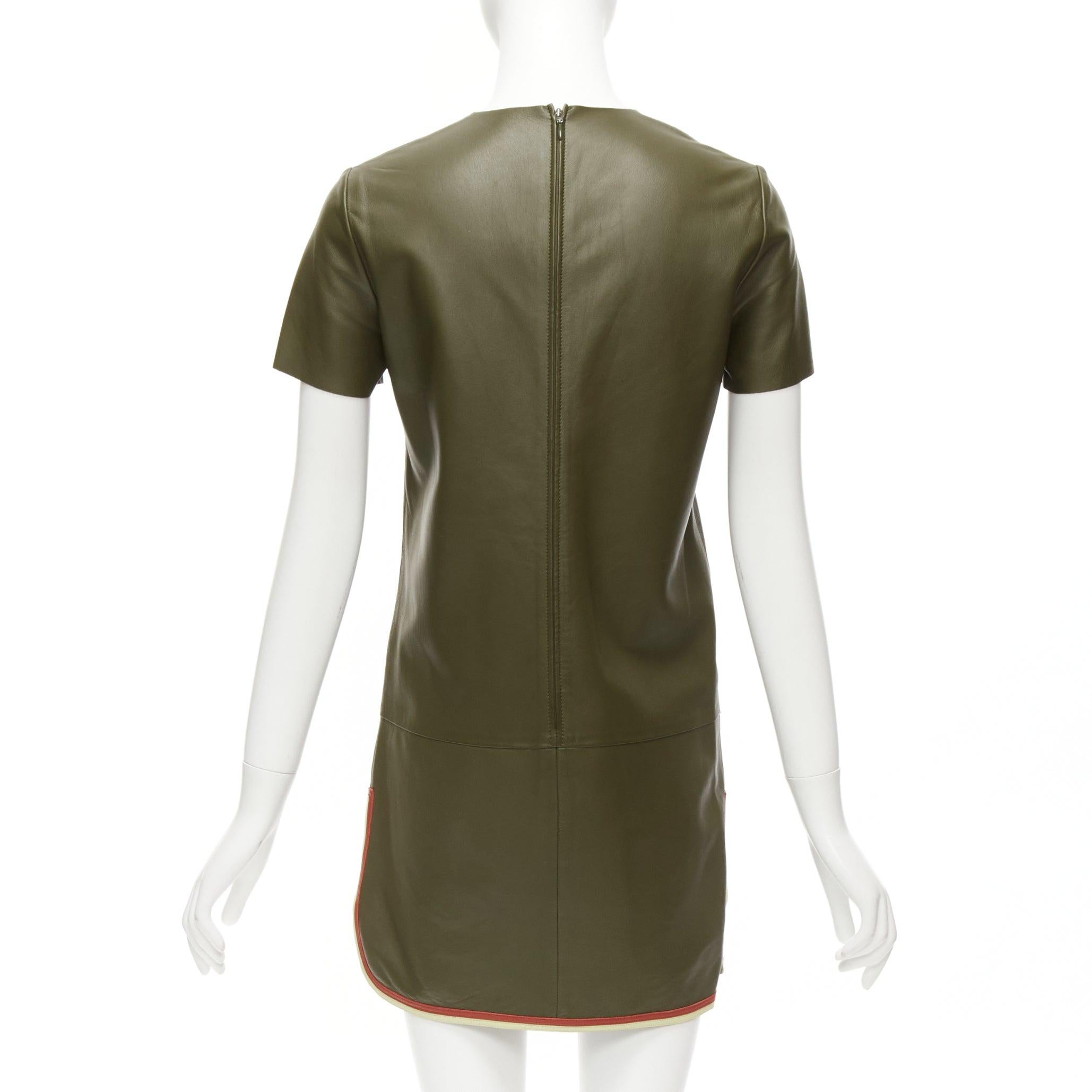 Women's OLD CELINE Phoebe Philo olive green leather red cream trim mod dress FR38 M For Sale