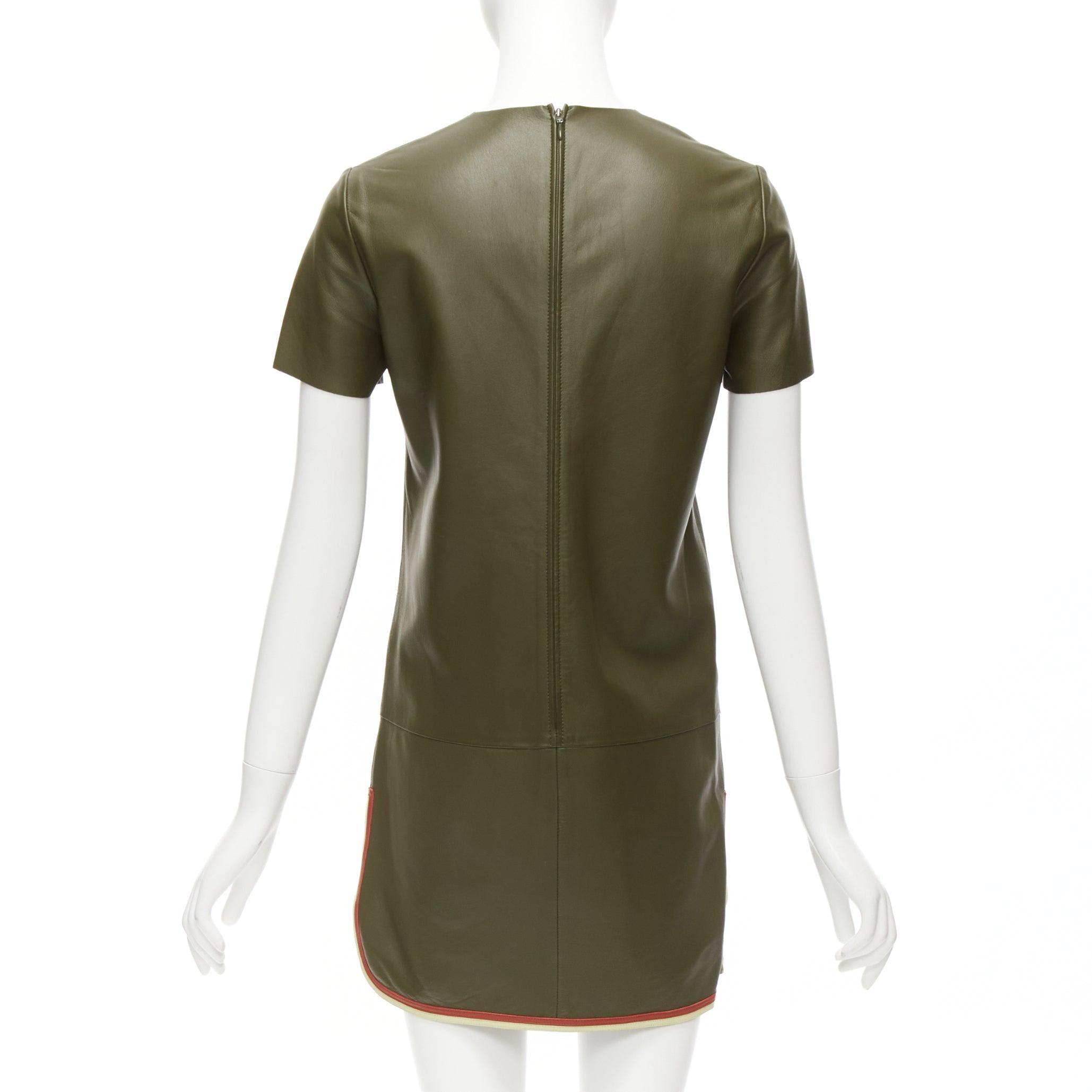 OLD CELINE Phoebe Philo Olivgrünes mod-Kleid mit cremefarbenem und cremefarbenem Besatz aus Leder FR38 M im Angebot 1