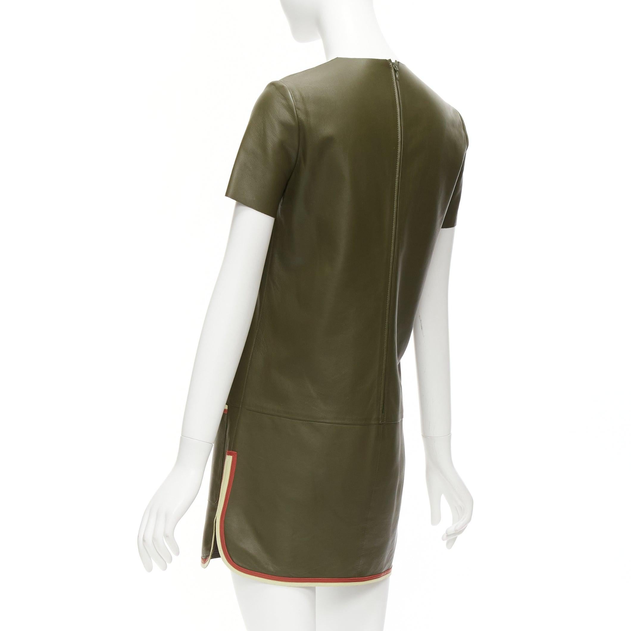 OLD CELINE Phoebe Philo olive green leather red cream trim mod dress FR38 M For Sale 1