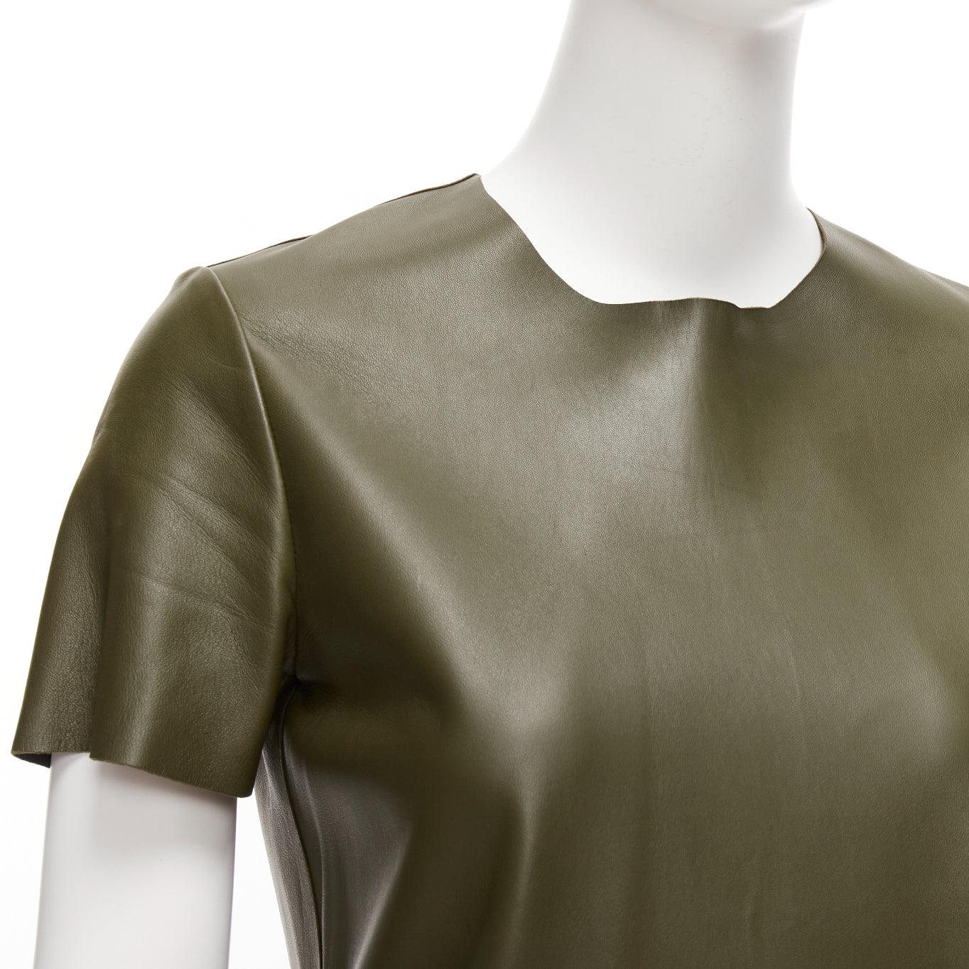 OLD CELINE Phoebe Philo olive green leather red cream trim mod dress FR38 M For Sale 2