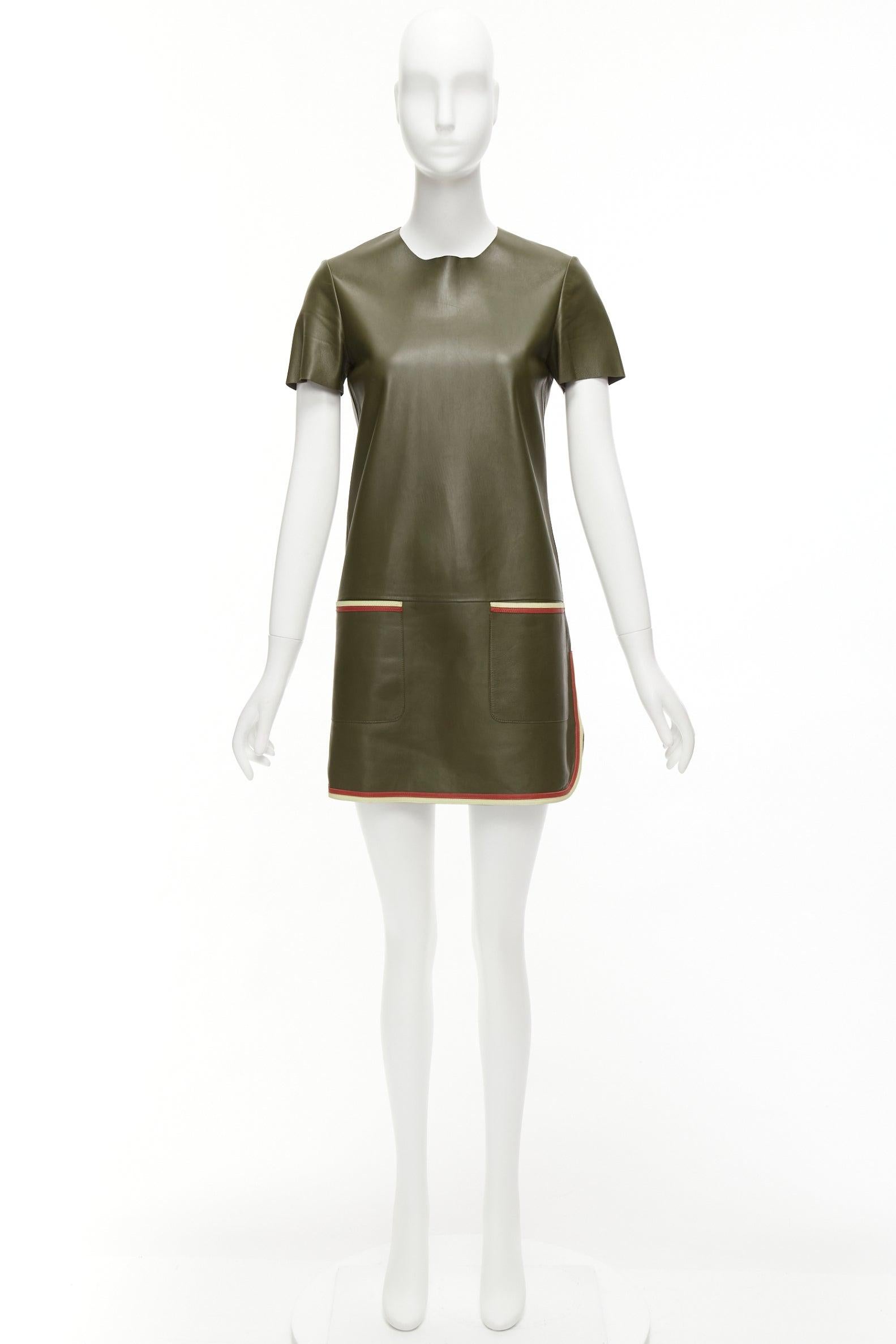 OLD CELINE Phoebe Philo olive green leather red cream trim mod dress FR38 M For Sale 4