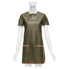 OLD CELINE Phoebe Philo olive green leather red cream trim mod dress FR38 M