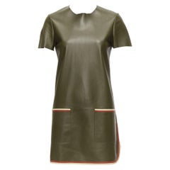 OLD CELINE Phoebe Philo olive green leather red cream trim mod dress FR38 M