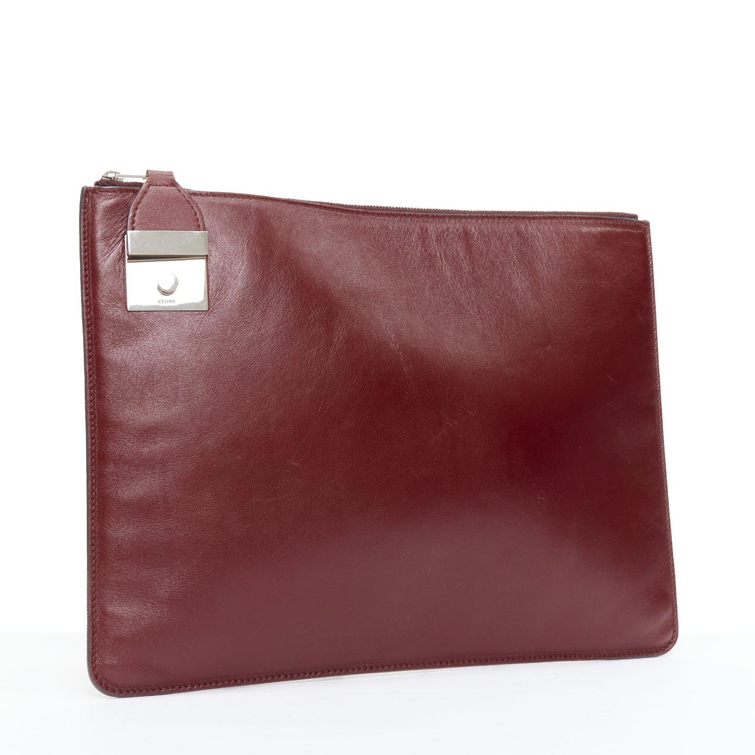 Brown OLD CELINE Phoebe Philo Portfolio burgundy silver metal trim zip clutch