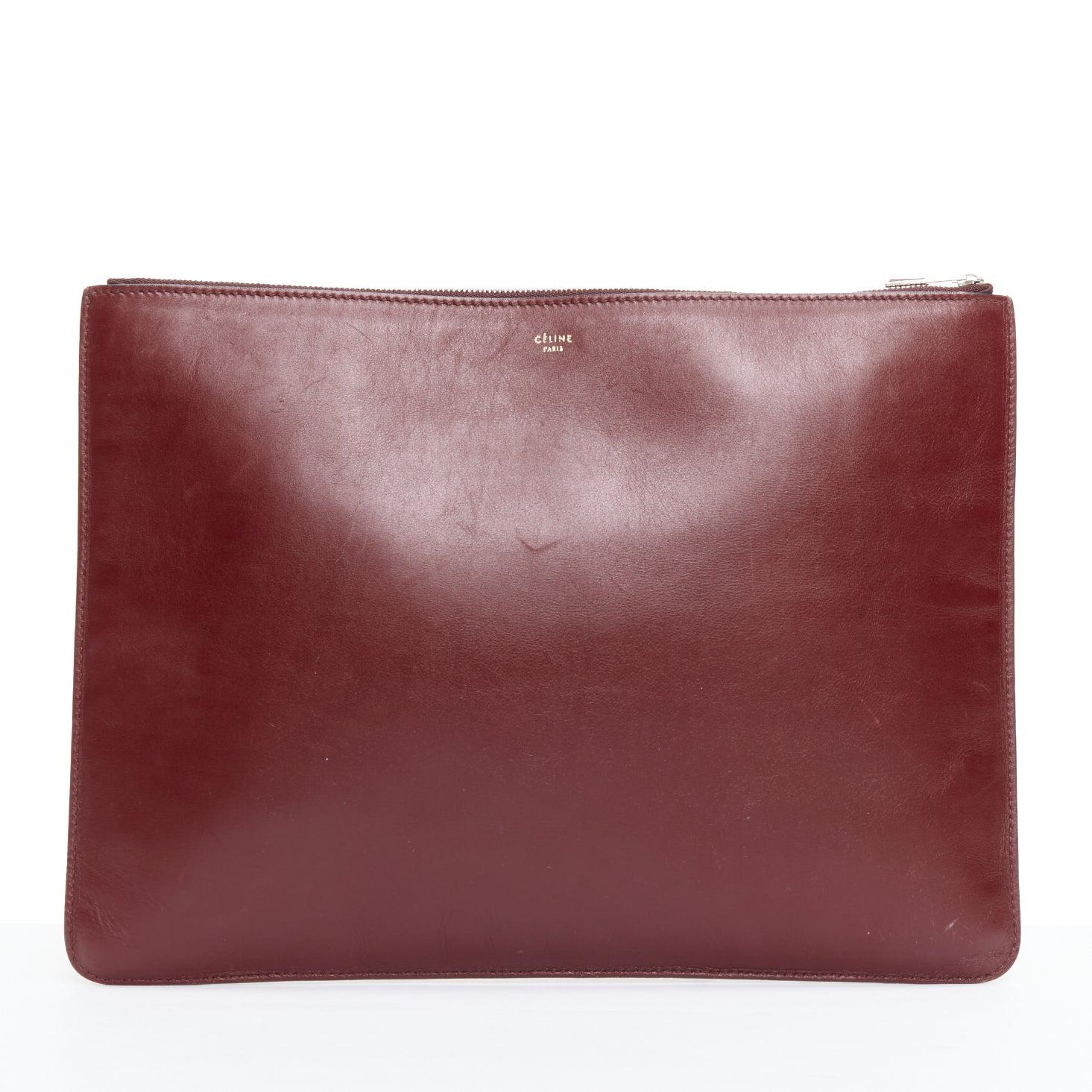 OLD CELINE Phoebe Philo Portfolio burgundy silver metal trim zip clutch In Fair Condition In Hong Kong, NT