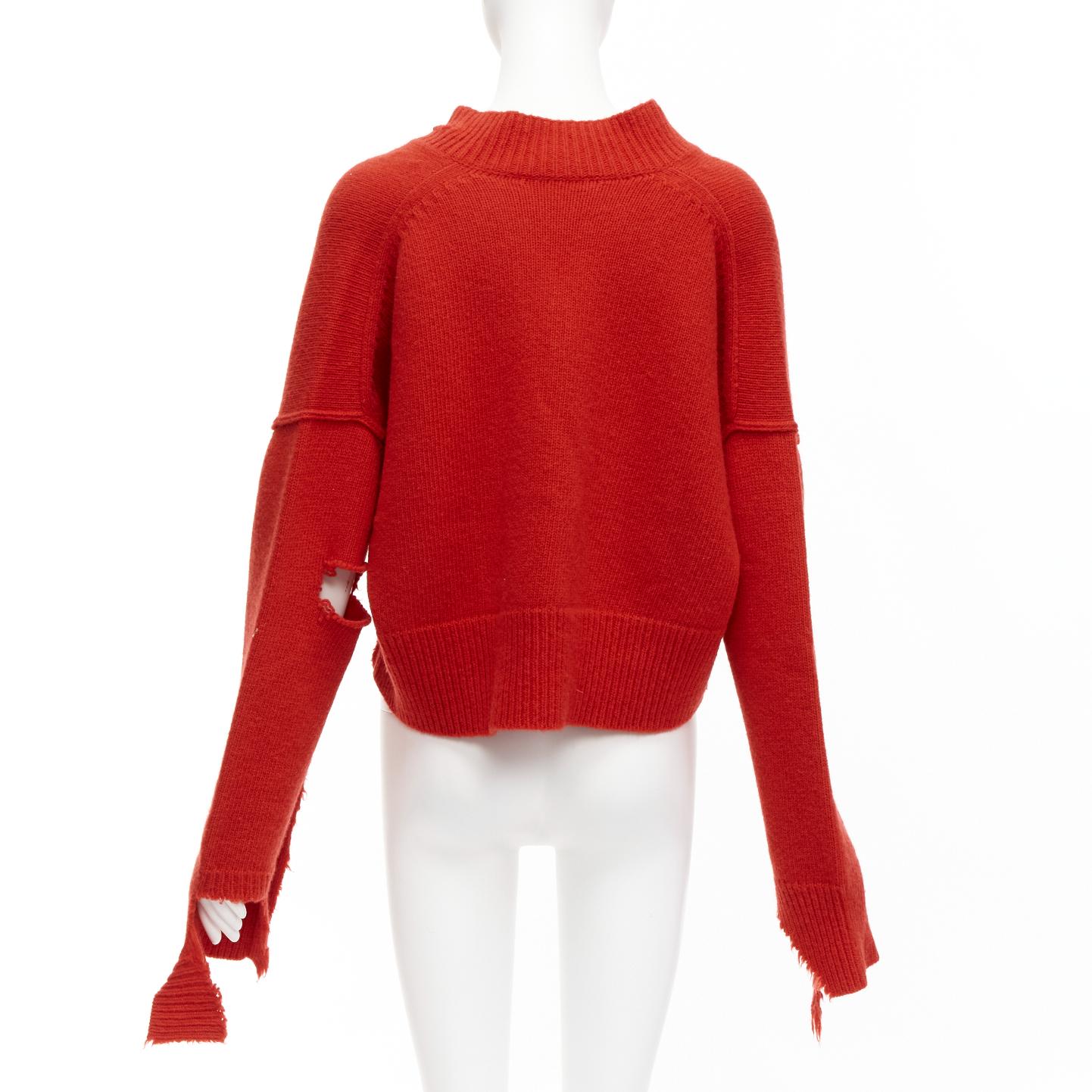 OLD CELINE Phoebe Philo red 100% wool distressed cut out cropped sweater M For Sale 1
