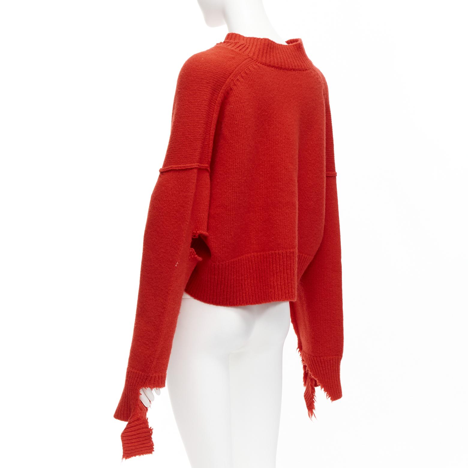 OLD CELINE Phoebe Philo red 100% wool distressed cut out cropped sweater M For Sale 2