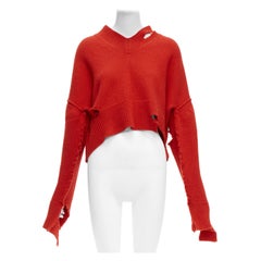 OLD CELINE Phoebe Philo red 100% wool distressed cut out cropped sweater M