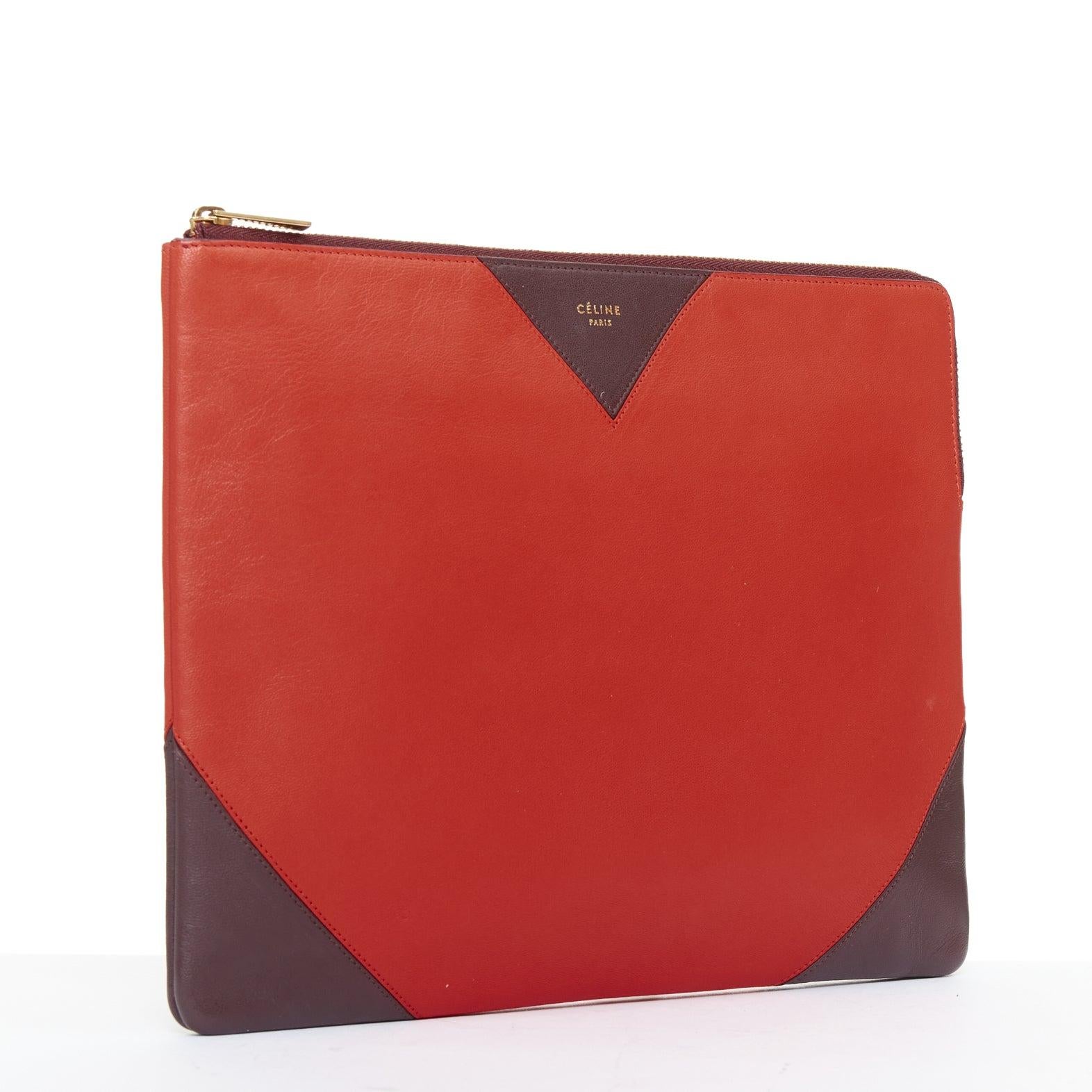 Pink OLD CELINE Phoebe Philo red brown leather bicolour top zip pouch clutch bag For Sale