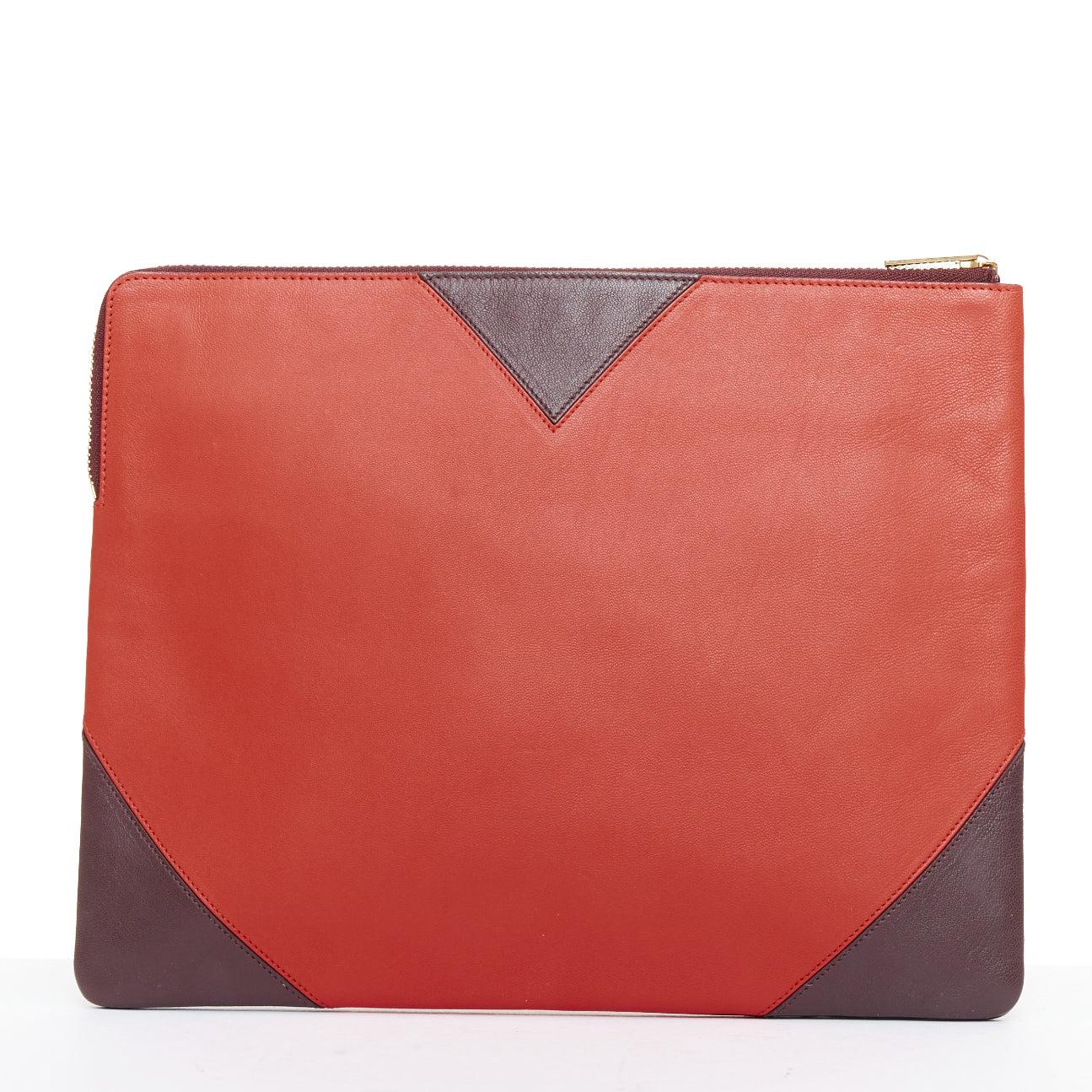 OLD CELINE Phoebe Philo red brown leather bicolour top zip pouch clutch bag In Good Condition For Sale In Hong Kong, NT