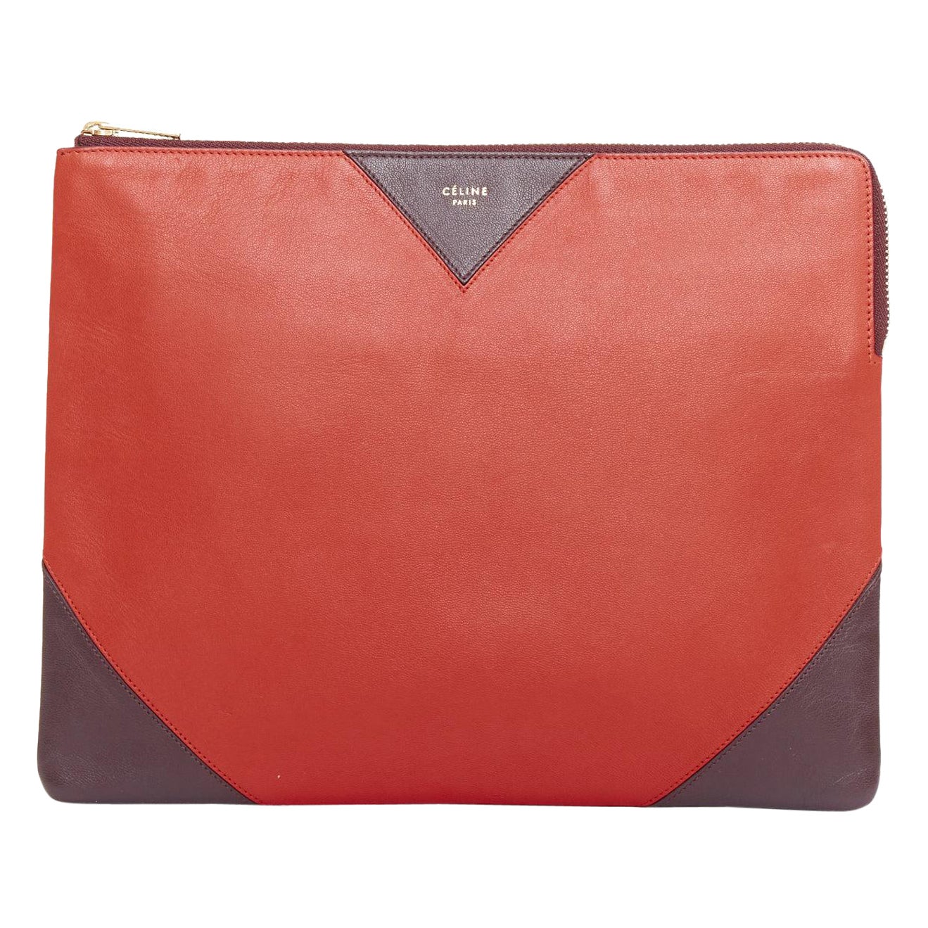 OLD CELINE Phoebe Philo red brown leather bicolour top zip pouch clutch bag For Sale