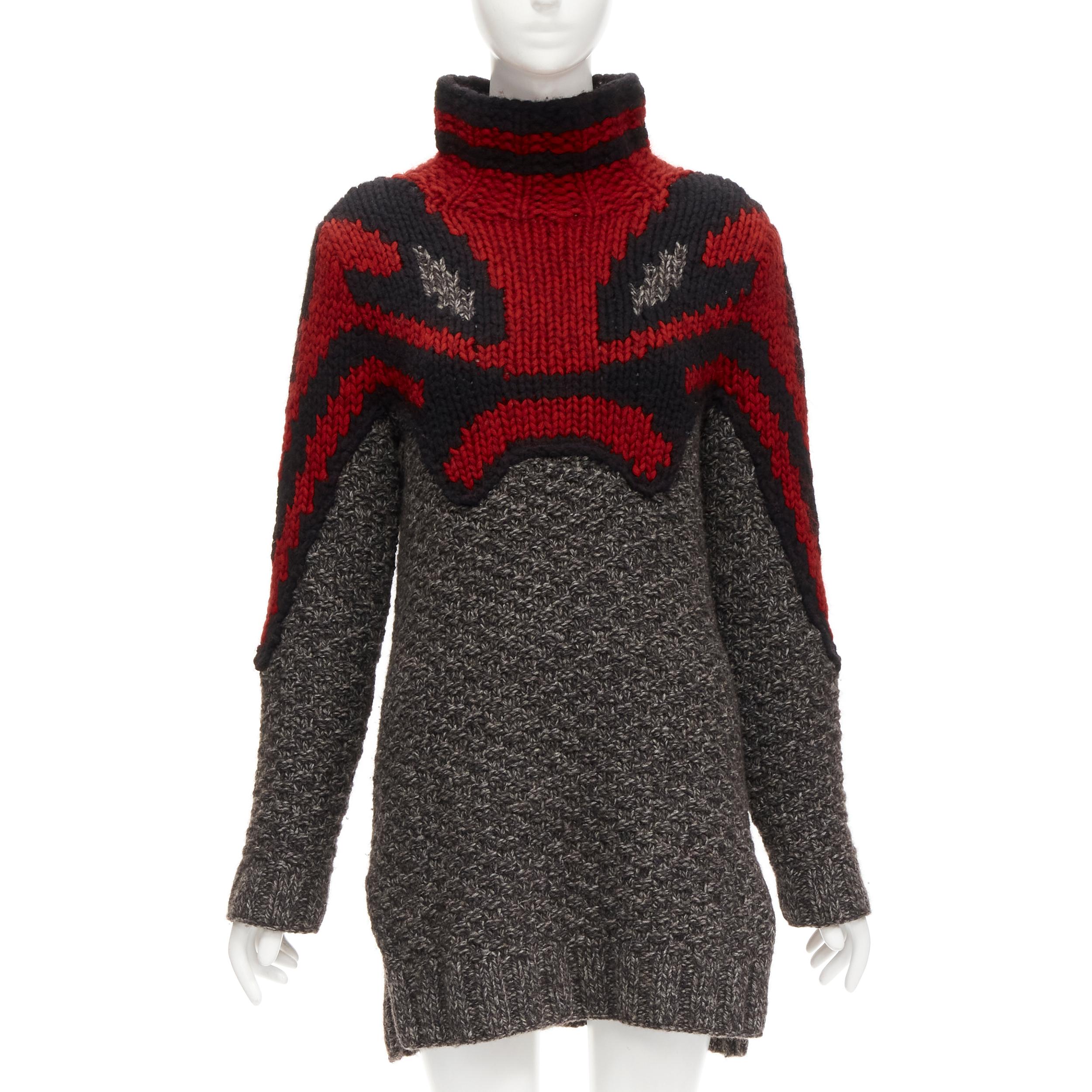 Gray OLD CELINE Phoebe Philo red grey abstract intarsia knit sweater dress S