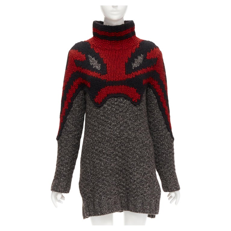 Old Celine Phoebe Philo Red Grey Abstract Intarsia Knit Sweater Dress S